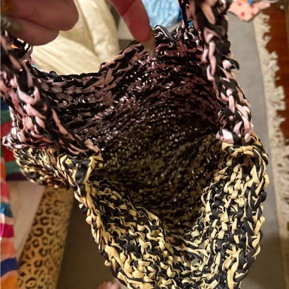 Multicolor Knit Tote Bag Black Pink Yellow Boho Crochet Style - Picture 4 of 5